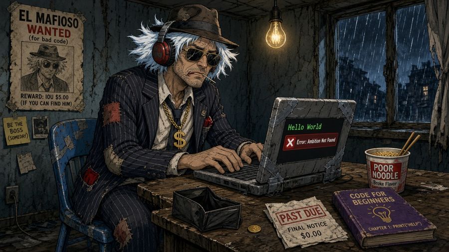 Ilustrație: El Mafioso, un bărbat cu păr alb-albăstrui, pălărie, căști roșii și ochelari de soare, la un laptop lipit cu bandă, într-o cameră întunecată, pe ploaie